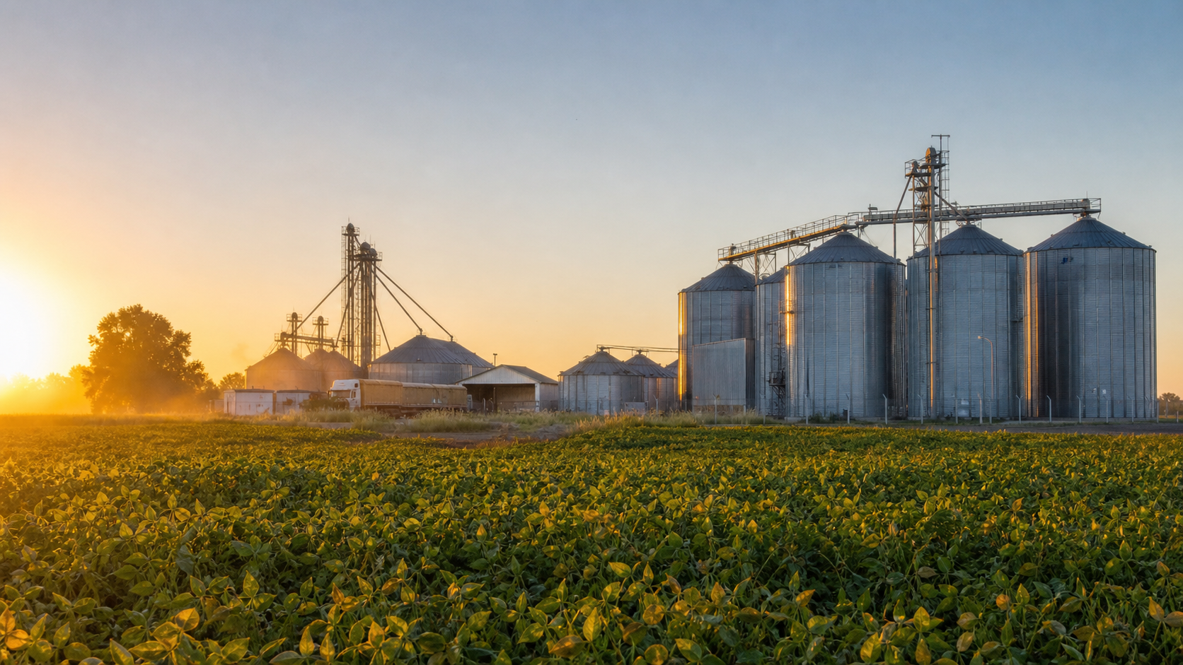Silos de almacenamiento junto a un campo cultivado.