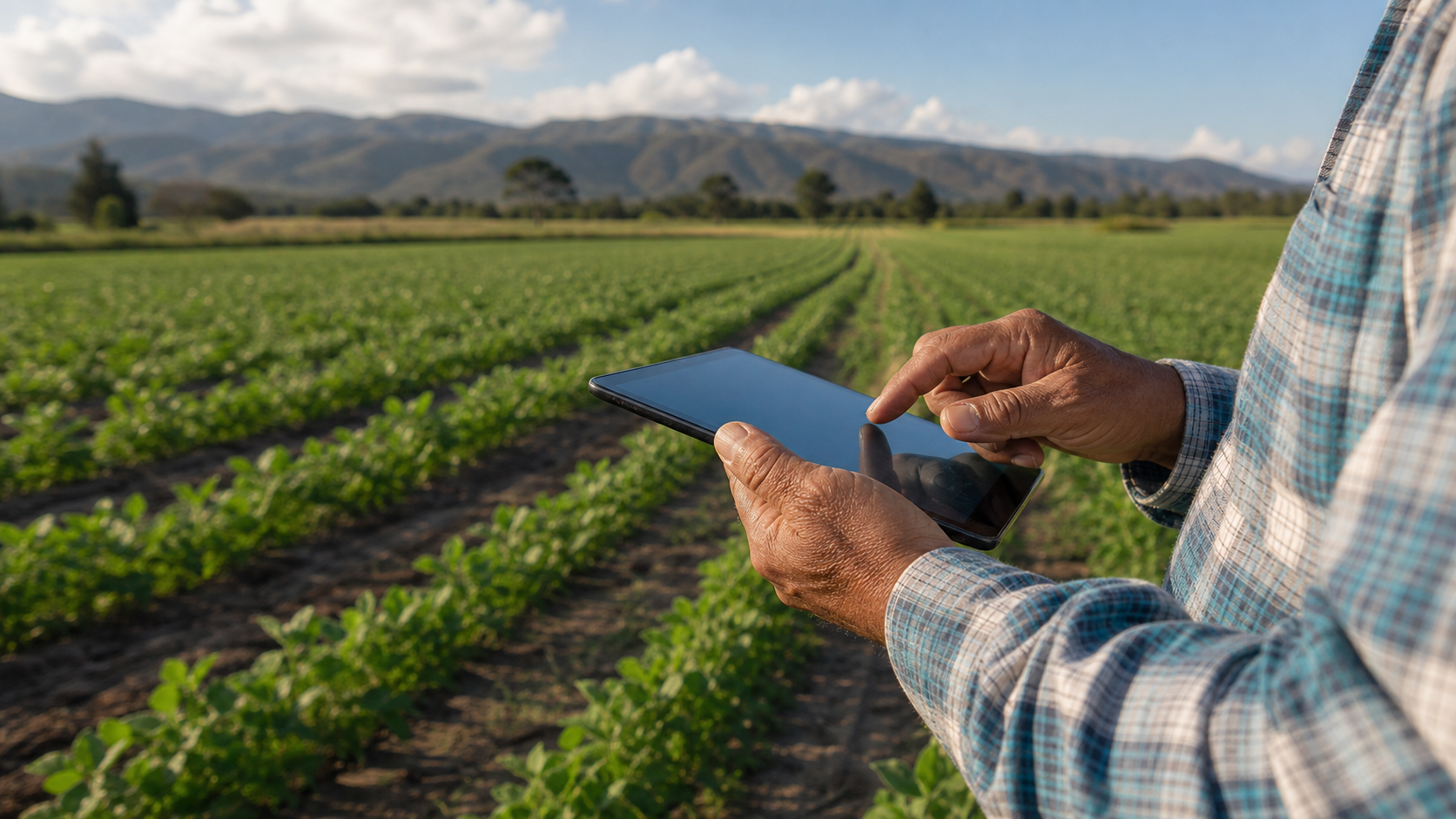 Tablet utilizada en un lote agrícola para revisar información de campo.