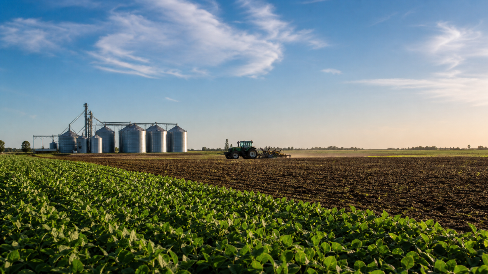 Campo cultivado con silos y maquinaria agrícola al fondo.
